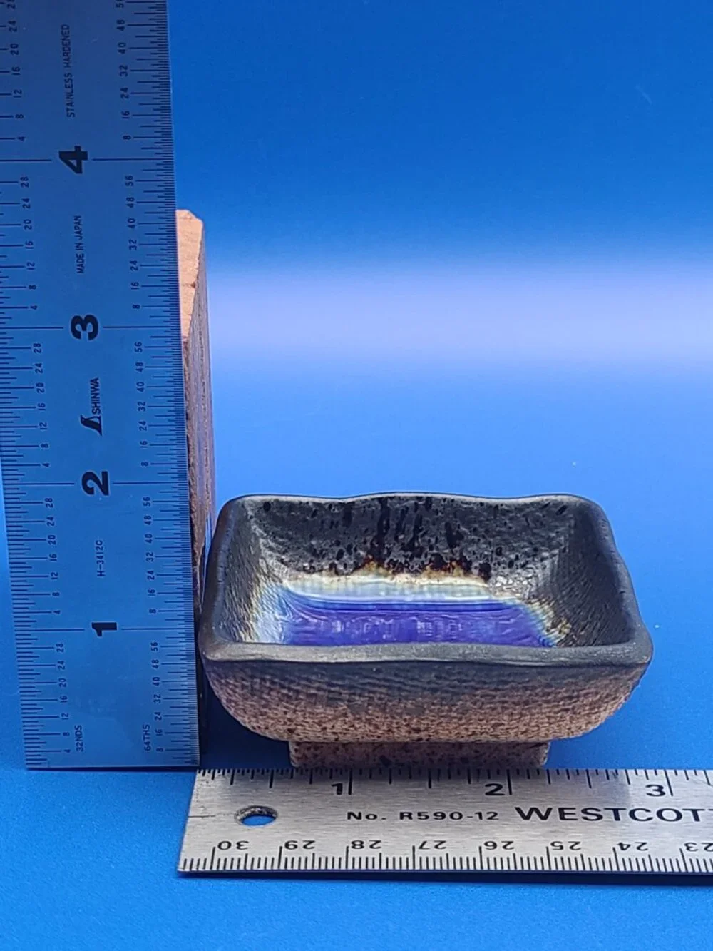 Kotobuki Japan Vintage Square Footed Crackled Trinket Dish BLUE 2.75" - Picture 9 of 9